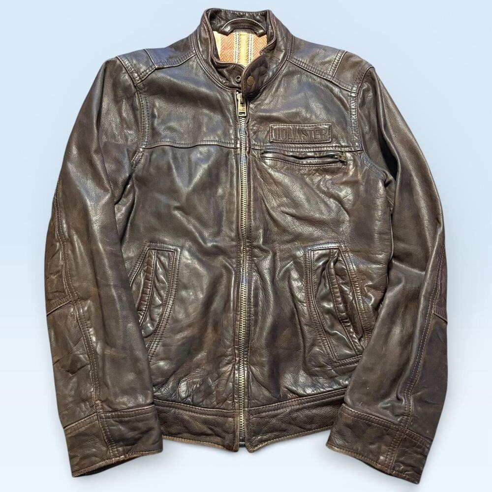 Hollister Palm Canyon Jacket Mens Small Brown Leather Moto Bomber Full Zip